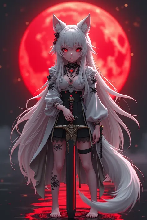 Anime character wolf girl cool face, red eyes white long hair and tail, no shoes, with accessoriese, no sexy and big sword before the red full moon,Best quality, Masterpiece,  super high resolution, (photograph realistic:1.4), ultra-realistic elegant and t...