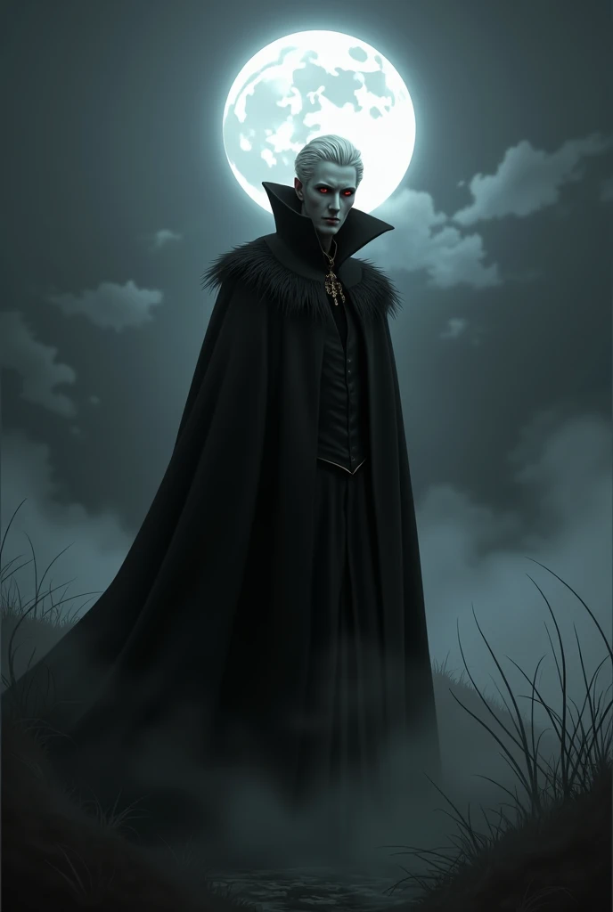 Graphic art of white-haired vampire in fog in the middle of the night 