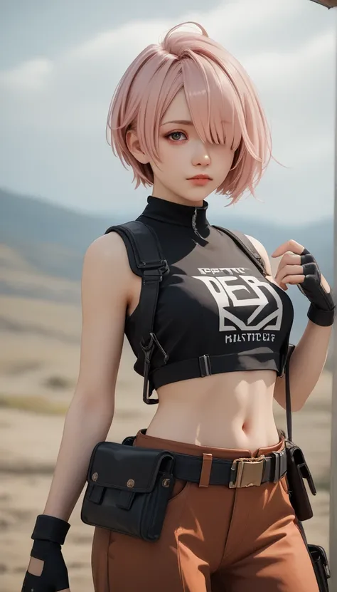 (masterpiece, best quality:1.2), solo, 1girl, White skin, white-skinned female, looking at viewer, crop top, fingerless gloves, belt, pouch, white background, 3D, sexy pose, black short, Hair Over One Eye, Light pink Hair, Pixie Cut, 