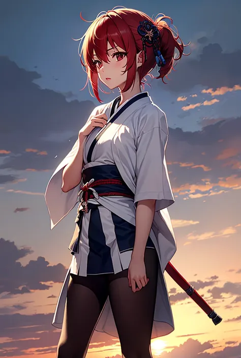 1 ,  red hair ,  high resolution, (((whole body))), going, samurai, whole body, fullbody, Run,  short hair,  kimono, samurai,  Hair Ornament,  Red Eyes,  Fringe between the eyes,  Lips slightly separated,  best quality , 