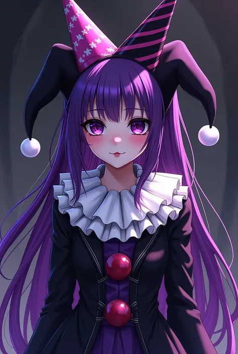  Clown girl with two birthday hats that look like ears, with a purple and black color palette and drawing style from the 2000s anime. Their clothes have a white collar like the court jesters. Gothic clothing style .  Drawing style like the one in the anime...