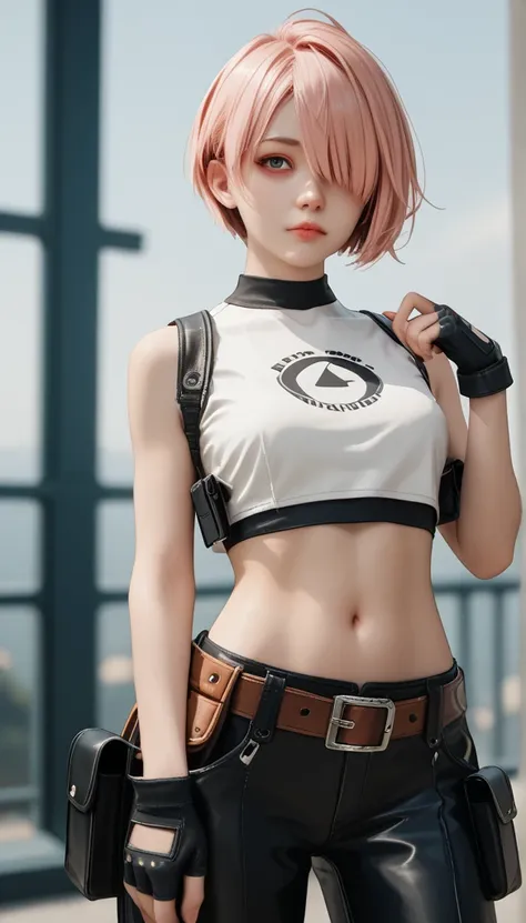 (masterpiece, best quality:1.2), solo, 1girl, White skin, white-skinned female, looking at viewer, crop top, fingerless gloves, belt, pouch, white background, 3D, sexy pose, black short, Hair Over One Eye, Light Red Hair, Pixie Cut, 