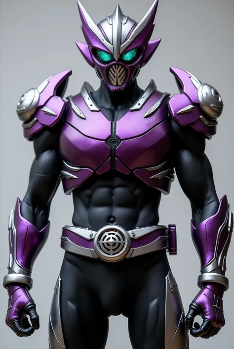  A Kamen rider based on a Magnum :
hull:  The shaped like a silver telescopic sight with shiny purple details .  The mouth has a design similar to the drum of a revolver .

Armdura:  The dark purple metallic color predominates ,  with lines and silver deta...