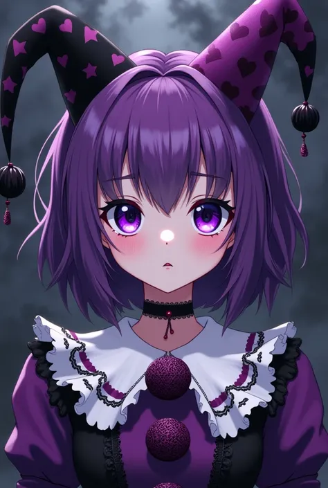  Clown girl with two birthday hats that look like ears, with a purple and black color palette and drawing style from the 2000s anime. Their clothes have a white collar like the court jesters. Gothic clothing style . Drawing style like the one in the anime ...