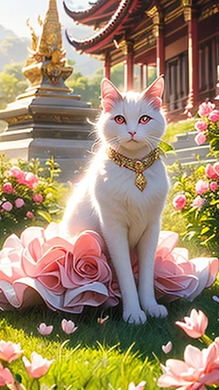 A beautiful young Thai woman wearing a pink dress and gold tiara sits on the grass in front of a Phra establishing shot. A beautiful white cat with red eyes walks around her, surrounded by pink roses in the background. A beautiful temple stands behind them...