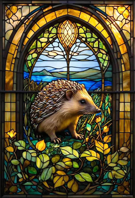 a painting of a hedge in a  stained glass window,  stained glass art, anthropomorphic Hedgehog, Hedgehog, intellectual Hedgehog, Hedgehog magus, golden twilight  stained glass, maxim verehin  stained glass, backlit  stained glass, on a  stained glass windo...