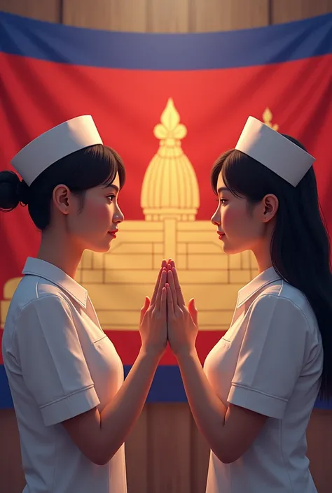 Cambodian male and female nurses praying five finger to Thank you with Cambodian flag 