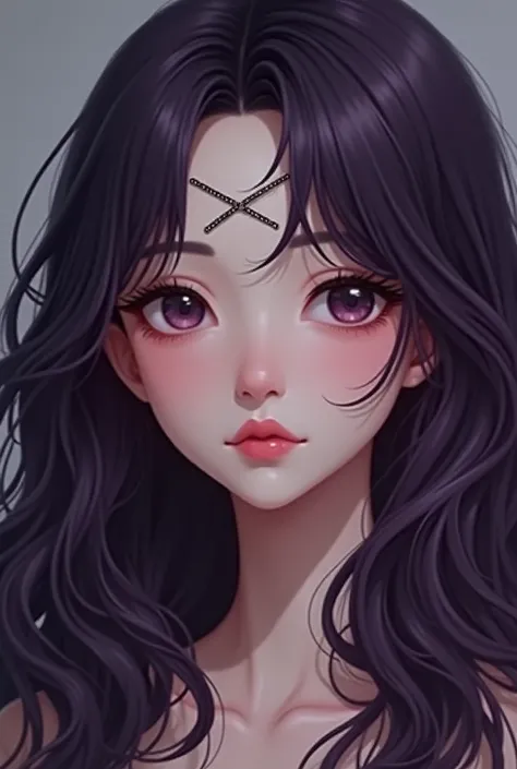 Realista dark Purple haired woman, long wavy hair down to her waist, innocent face, very delicate features, perfect woman, loving expression ,8k ,ultra realístic,ultra Beauty,X-shaped lock of hair covering his forehead 