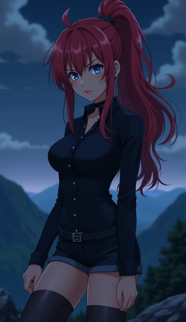   woman, ponytail, long  red hair, strong body, navy blue eyes,  angry expression , black tight button down shirt, black shorts, black thigh high stockings, on a mountain at night  [[[  high quality ]]][[[ tall details ]]] Ultra HD,   High resolution , ani...