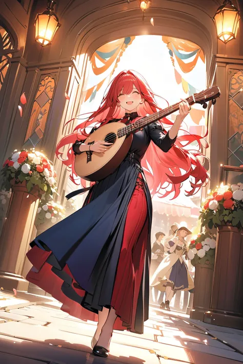 1 girl, (confident face), young adult, wavy long hair, (wearing a bards outfit with colorful accents), large breasts, fit, (playing a lute while walking),  
BREAK  
pathway filled with dancing flower petals, vibrant flowers blooming around her, (singing jo...