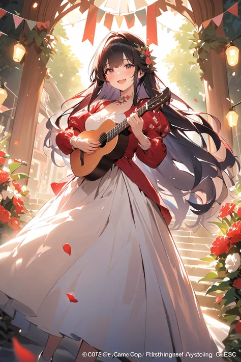 1 girl, (confident face), young adult, wavy long hair, (wearing a bards outfit with colorful accents), large breasts, fit, (playing a lute while walking),  
BREAK  
pathway filled with dancing flower petals, vibrant flowers blooming around her, (singing jo...