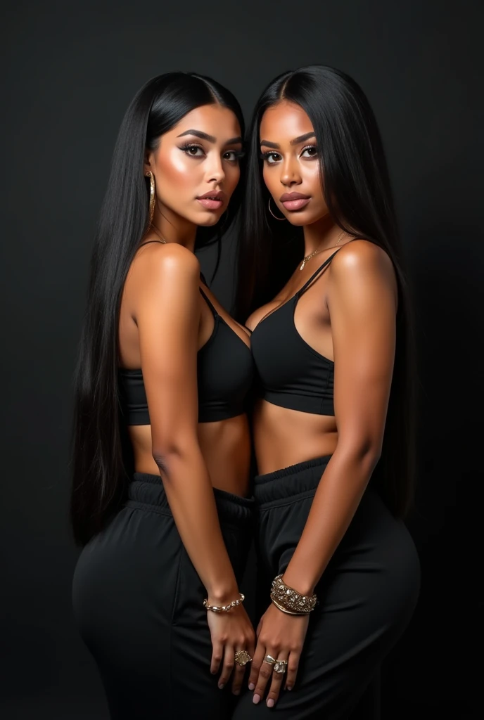 Two beautiful gorgeous Puerto-Rican-Mexican latina teenager females that looks like bella hadid with light grey eyes, wearing dark matte makeup, thick arched eyebrows, small round nose with nose piercing, full lips, long eyelashes, long nails, winged eyeli...