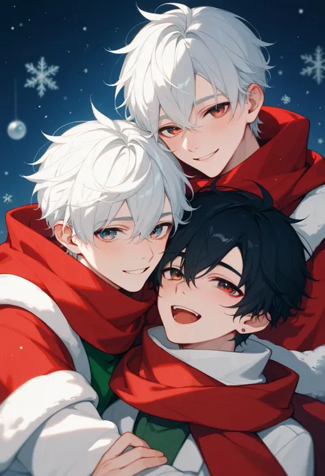 ((Two guys looking happy :1.5)),  perfect face,   beautiful face,  very detailed face，( man with short black hair :1.3)，(Man with short white hair :1.3)， Christmas、 Illuminations、snow、Its cold and my face turns red、White Breath、 comments、 knit 、 scarf