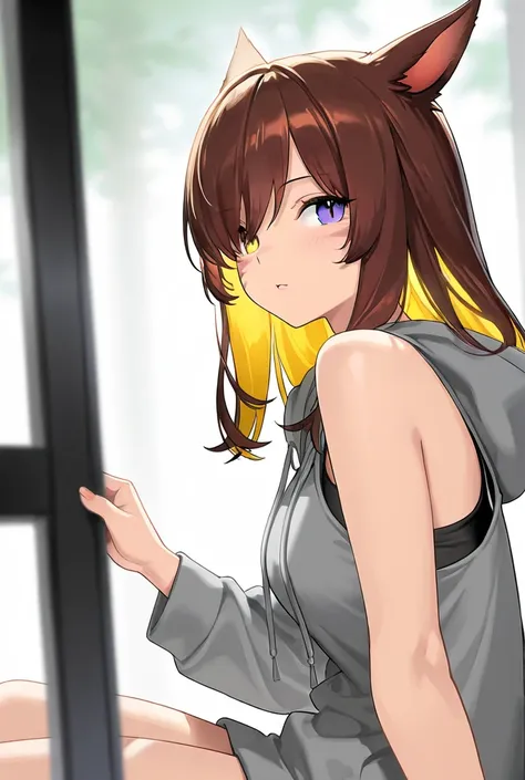 masterpiece,1girl, colored inner hair Brown hair Yellow hair, cat_ears, gray oversized hoodie,  inner tank top , Hair on one eye, Long hair tips, Miqote