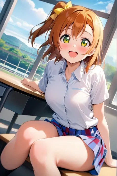 1girl, kousaka honoka, love live!, otonokizaka school uniform, red ribon, masterpiece, best quality, very aesthetic, absurdres, smile, looking at other, open mouth, dutch angle, highres extremely detailed, beautiful scape, school gymnasium, physical educat...