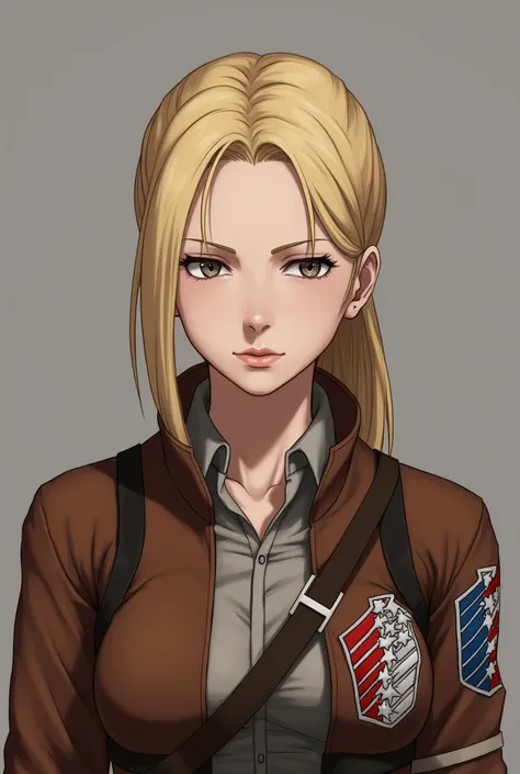 Create an Annie Leonhart image from Attack on Titan wearing her Legion of Exploration costume that has a serious look with a smaller shaped body to be placed as a wallpaper