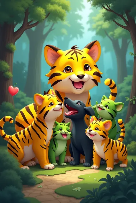  yellow tigers and green puppies around them,  black dog ,  yellow puppies are all similar in size , Howling figure 