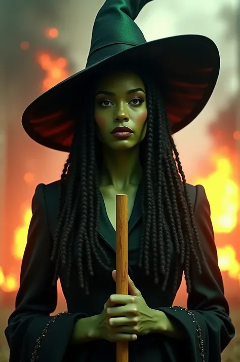 Create a version of elphaba from wicked, with Afro braids ,  perfect beautiful face , ( similar to Manon Meret , Katsye)  wearing an Elphaba witch hat and a witchs broom in her hands.  In the background the burning city of Oz 