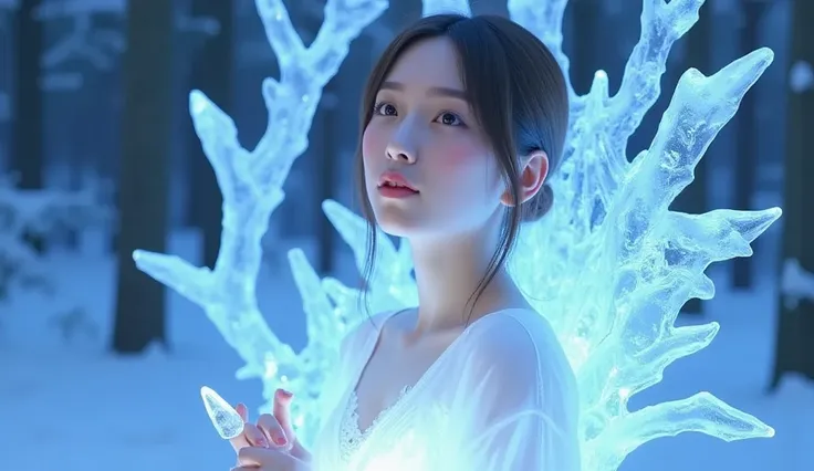 cute girl, A beautiful, intricate ice crystal sculpture, delicate icy branches reaching towards the sky, ultra-detailed, realistic, photorealistic, 8k, hyperrealistic, cinematic lighting, dramatic shadows, icy blue and white color palette, winter landscape...