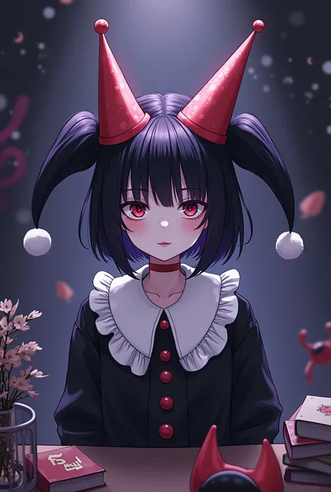  Clown girl with two birthday hats that look like ears, with a purple and black color palette and drawing style from the 2000s anime. Their clothes have a white collar like the court jesters. Gothic clothing style . Drawing style like the one in the anime ...