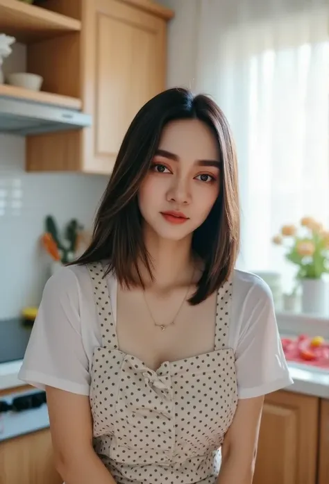 Sexy Korean Girl, 23, Facial Details, Clear Focus, 4K Masterpiece Details, Light Hitting Her Skin Makes Her Stand Out (Natural Light, Good Light, Afternoon Light), Polka Dot Apron, No Bra, Natural Breasts, Cooking in the Kitchen, Window, She Looks at the V...