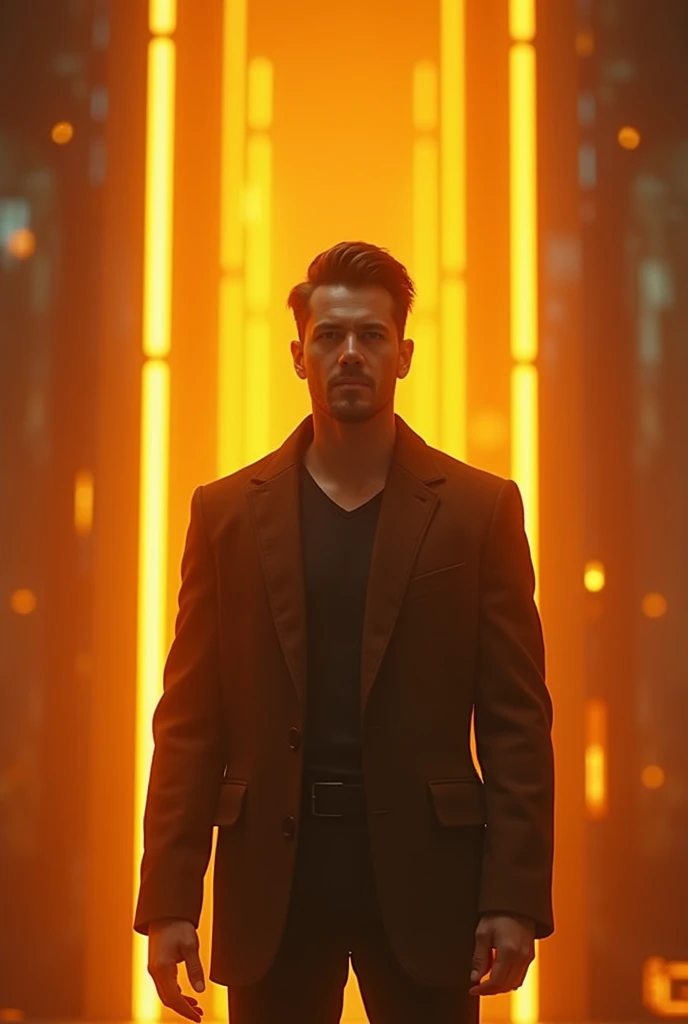 A high-quality ultra-realistic three-panel image of a male character in a futuristic, glowing environment with warm golden and orange hues blending into darker tones. The panels are seamless without dividing lines, and the background evolves subtly across ...