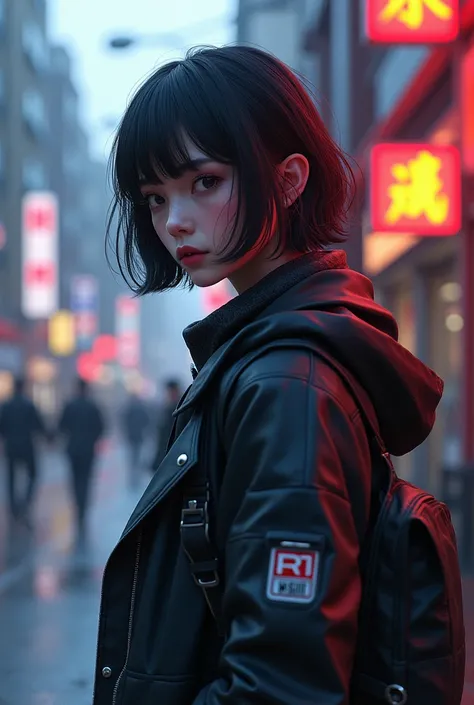 Theres a woman standing next to the street , Cyberpunk art by Yang J,  are trending in artstation,  Realism, artwork in the style of Guvice, Anime style . 8k, Guvice,  3d realistic anime style ,  is trending in CGSTATION , 🤤  portrait of a girl ,  cyberpun...