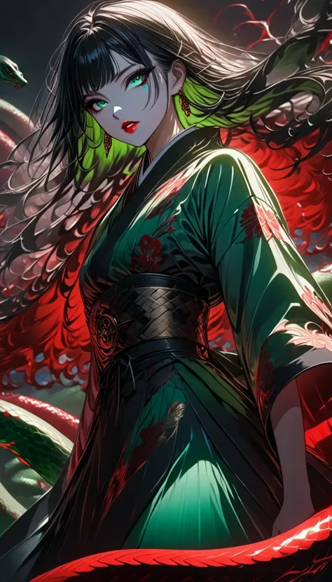  Girl of a Beautiful and Terrible Monster with a Big Snake Tail on Her Lower Body。 An incarnation of Yamata no Orochi。Japanese woman with straight black hair 。Enchanting and Bewitching 。Deep green eyes。 Red on the outer corner of the eye 、 Snake Eyes 。Brig...