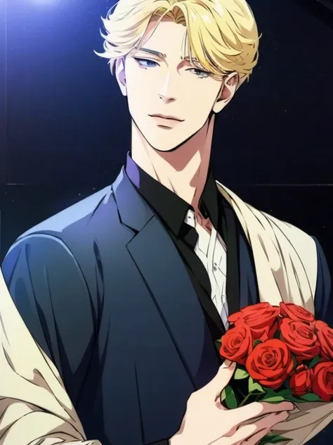 Solo, anime drawing of a man with blonde hair and red eyes, clean anime outlines, praying posture, side part bangs, medium hair length, anime portrait of a handsome man, male anime style, smirk facial. Holding a bouquet of blue roses.

