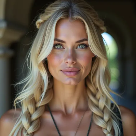 FACE SHOT OF BOMBSHELL BLONDE VALKYRIE , BUSTY MUSCULAR WOMAN, BEAUTIFUL PALE WOMAN, VERY PALE SKIN, LIGHT GRAY EYES, HIGH CHEEKBONES, ROSY CHEEKS, MENTAL FORAMEN, HUGE LONG BLONDE HAIR, DOUBLE BRAIDED HAIR, STRAPLESS CLEAVAGE, CLOSEUP PICTURE, STONE WALL ...