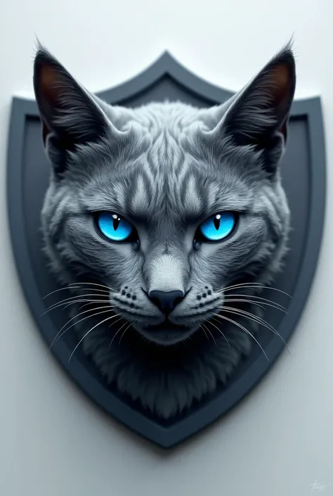 Photo of a cat team shield
Of soccer the predominant color gray and the color of the cat it is also gray 3D of the blue eyes 