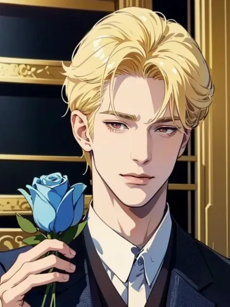 Solo, anime drawing of a man with blonde hair and red eyes, clean anime outlines, praying posture, side part bangs, medium hair length, anime portrait of a handsome man, male anime style, smirk facial. Holding a bouquet of blue roses.

