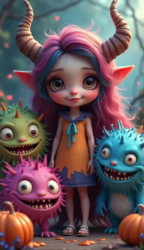 cute monster girl, adorable monster, 1girl, beautiful detailed face, beautiful detailed eyes, beautiful detailed lips, long eyelashes, smiling, happy expression, monster friends, Halloween, colorful, vibrant colors, fantasy, digital painting, concept art, ...