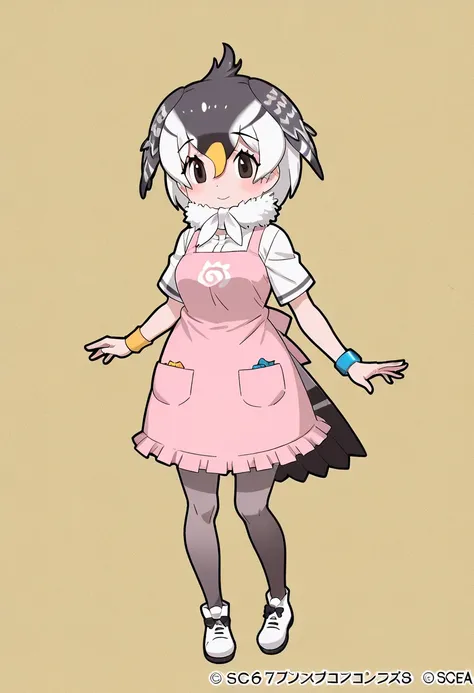 karugamo(kemono friends), 1girl, multicolored hair, short sleeves, bird tail, pink apron, head wings, white hair, bracelet, pantyhose, wristband, eyebrows visible through hair, short hair, shoes, fur collar, extra ears