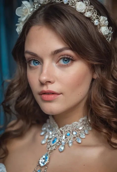 RAW Photograph, mid closeup of a beautiful brunette woman caught in a dream, she is wearing a sexy wedding gown but its not her dress, ((stunning blue eyes that leave you smitten):0.8), colorful, highly detailed skin with visible pores, wavy dark brown hai...