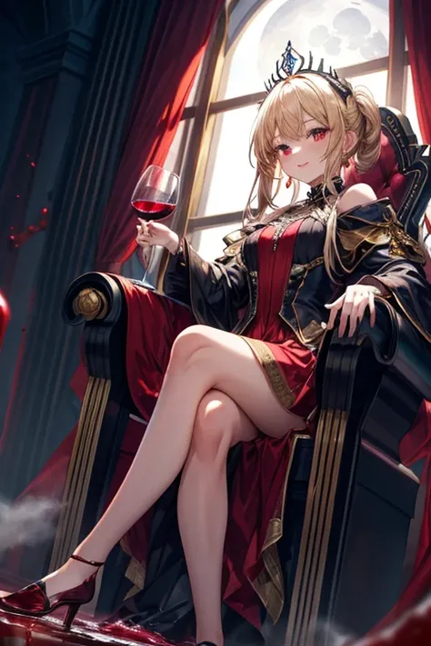 masterpiece, ultra-high quality, high resolution, 1 girl, She is vampire queen,  long wave honey blonde hair, growing (red eyes:1.2), wearing deep red dress with black lace, gold embroidery. She sits on an throne. (One hand holding a wine glass with red li...