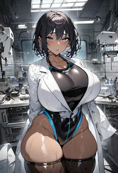 masterpiece、best quality、ultra-detailed、mature lady、curvy、breasts、hip、bob cut、black hair、grey eyes、droopy eyes、mole under eye、dark skin、competitive swimsuit、(thigh-high socks)、high-heels、lab coat、(stethoscope)、operating room、stern