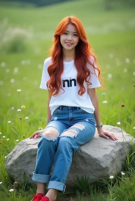  Professional Photography , model shoot , realistic, portrait,  a beautiful Asian girl ,  she has long curled and smooth hair ,  she has a red hair color unraveled ,  she has beautiful makeup ,  she is sitting on a boulder ,  she is wearing a long white t-...