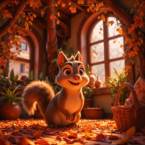 Sammy the Squirrel waking up in his cozy treehouse bed, looking surprised. His room is filled with autumn leaves and a small, empty basket. Alone, solo,