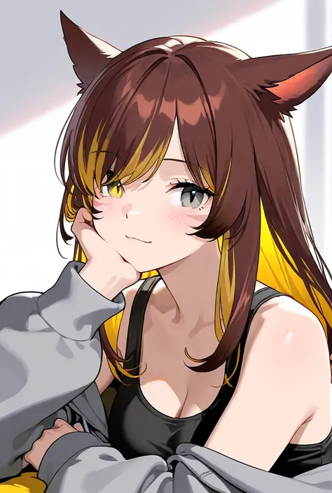 masterpiece,1girl, colored inner hair Brown hair Yellow hair, cat_ears, gray oversized hoodie,  inner tank top , Hair on one eye, Long hair tips, Miqote