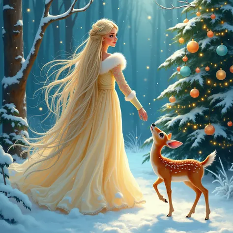 in the style of a winter fairy tale by Josephine Wall, a beautiful full-length winter fairy, full-length professional makeup, long blonde hair, a winter long dress with fur trim, Christmas tree glass balls, a kind magical fawn with big eyes near the Christ...