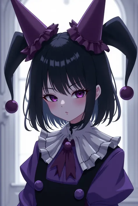  Clown girl with two birthday hats that look like ears, with a purple and black color palette and drawing style from the 2000s anime. Their clothes have a white collar like the court jesters. Gothic clothing style .  Drawing style like the one in the anime...