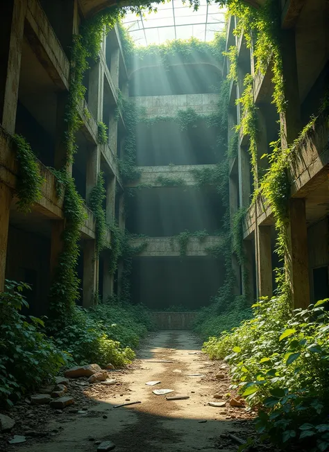 Image: A deserted office building with overgrown plants and vines. The windows are broken and the floor is covered in debris. Sunlight streams in through the windows, illuminating the dusty interior. The image is moody and atmospheric, with a sense of deca...