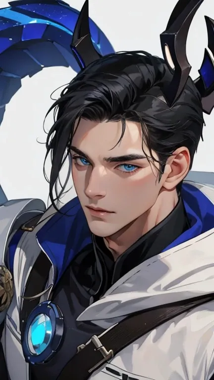 realistically，（ best quality ， masterpiece ：1.3）， Delicate eyes and delicate face，Single mature male，tall and muscular man， black hair，Blue eyes，silver beard，Ornn is a tall man、muscular white male。His black hair and deep blue eyes make him stand out from t...