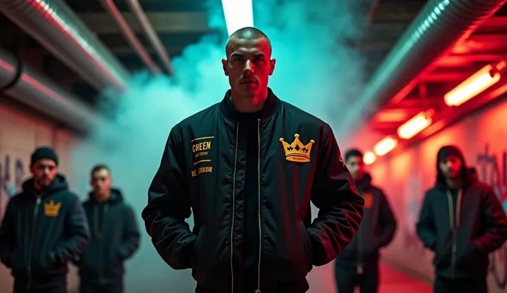 A dramatic low-angle shot of the leader standing tall and powerful, his buzz cut with a clean razor side part accentuating his modern, alpha look. The golden crown logo on his bomber jacket glows faintly as the red and teal neon lights highlight the contou...