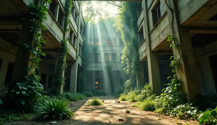 Image: A deserted office building with overgrown plants and vines. The windows are broken and the floor is covered in debris. Sunlight streams in through the windows, illuminating the dusty interior. The image is moody and atmospheric, with a sense of deca...