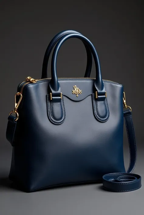 Design of a luxury bag , elegant and modern, combining classic and contemporary elements.  The bag must be made of a leather high quality , with impeccable finish,  in a deep shade of navy blue .  gold details,  with sophisticated fasteners and zippers .  ...