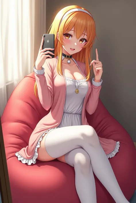 Arakfi sat on the bean bag，Take a selfie with your phone in the mirror, Full length and white stockings, anime barbie in white stockings, Stockings, White stockings, There are no shoes on the thighs, white with black spots, Wearing white tights, thighs hig...