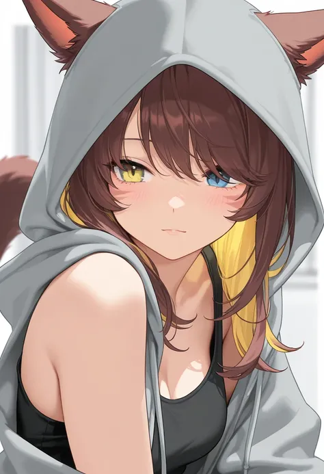 masterpiece,1girl, colored inner hair Brown hair Yellow hair, cat_ears, gray oversized hoodie,  inner tank top , Hair on one eye, Long hair tips, Miqote