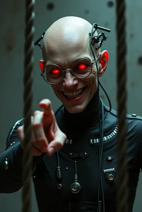  Make a thin man , bald, With wires in the head, the red eyes,  a glasses with round metal rods .  Wearing a black tights jumpsuit with connectors.  Make him smile a macabre smile ,  pointing the indicator at the fourth wall . He is in a cell made of reinf...